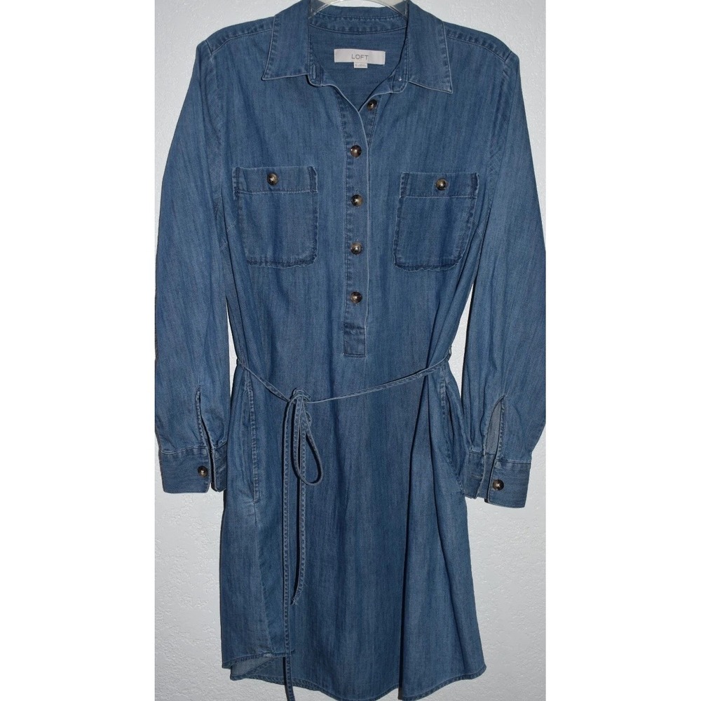 Loft‎ MEDIUM Denim Chambray Blue Shirt Dress Chest Pockets Long Slv 100% Cotton - Picture 3 of 16